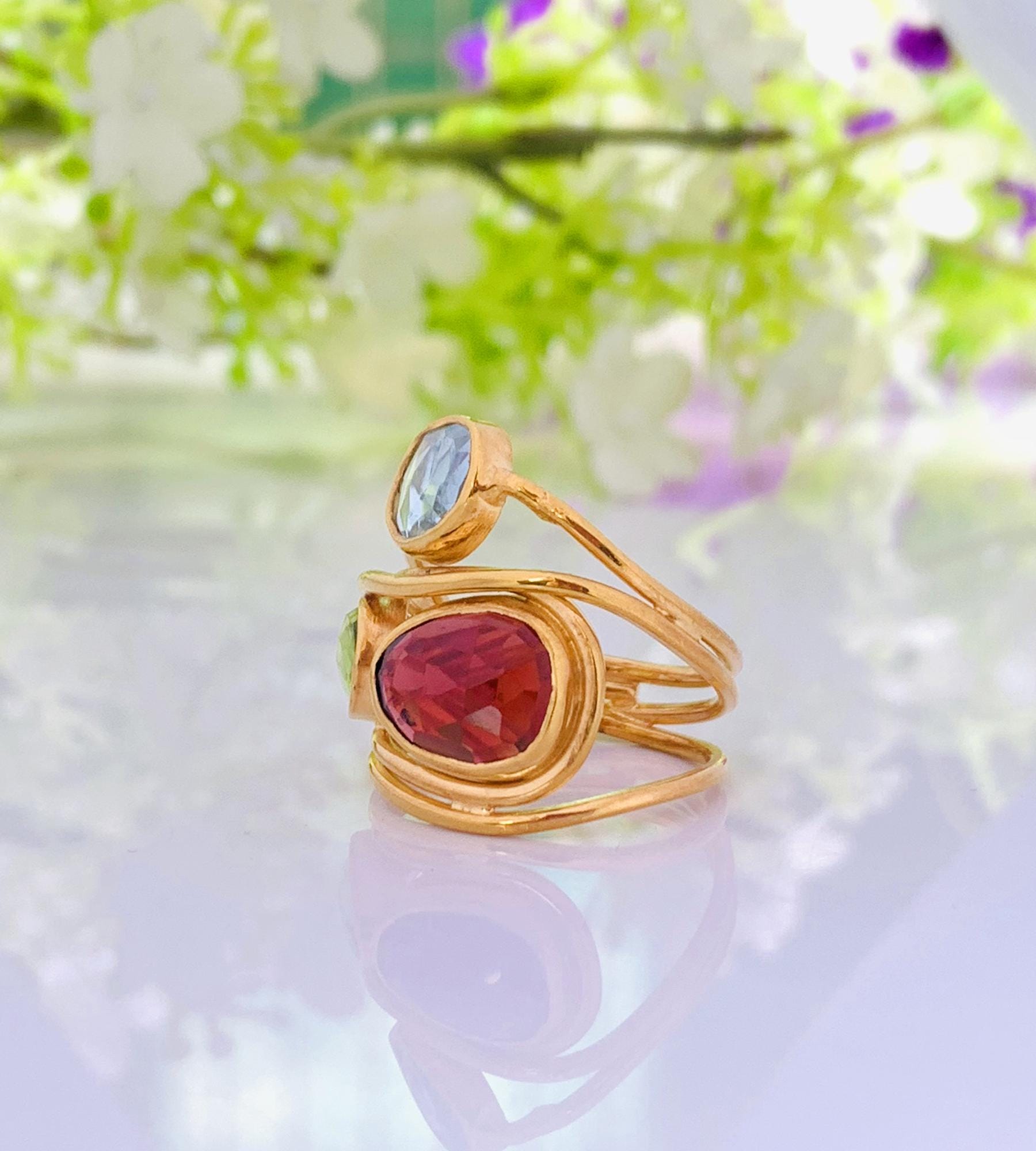 Rosecut Garnet Peridot Blue Topaz Ring | Wrapped Silver Vermeil Gold Ring - BeadsBoatInc