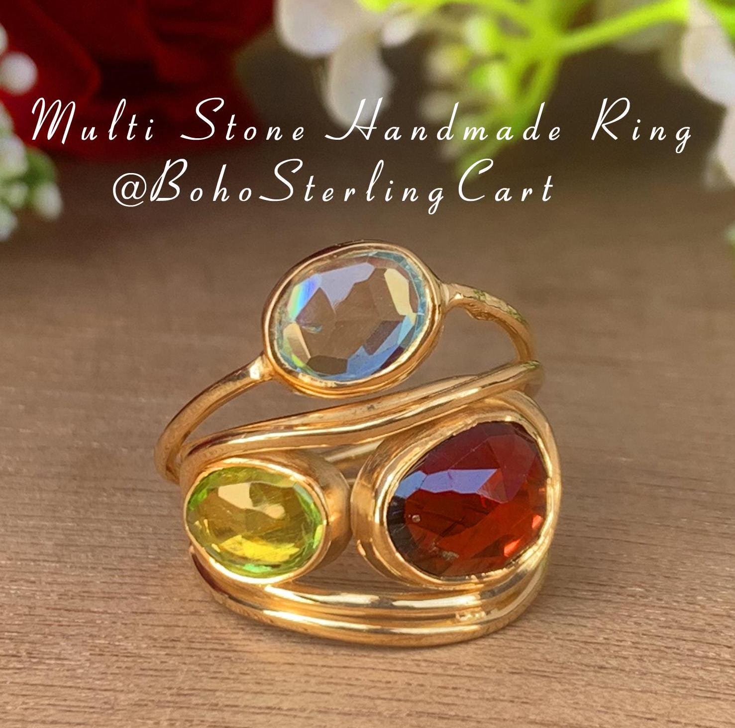 Rosecut Garnet Peridot Blue Topaz Ring | Wrapped Silver Vermeil Gold Ring - BeadsBoatInc