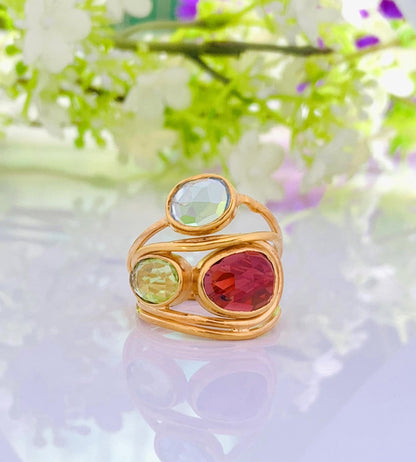 Rosecut Garnet Peridot Blue Topaz Ring | Wrapped Silver Vermeil Gold Ring - BeadsBoatInc
