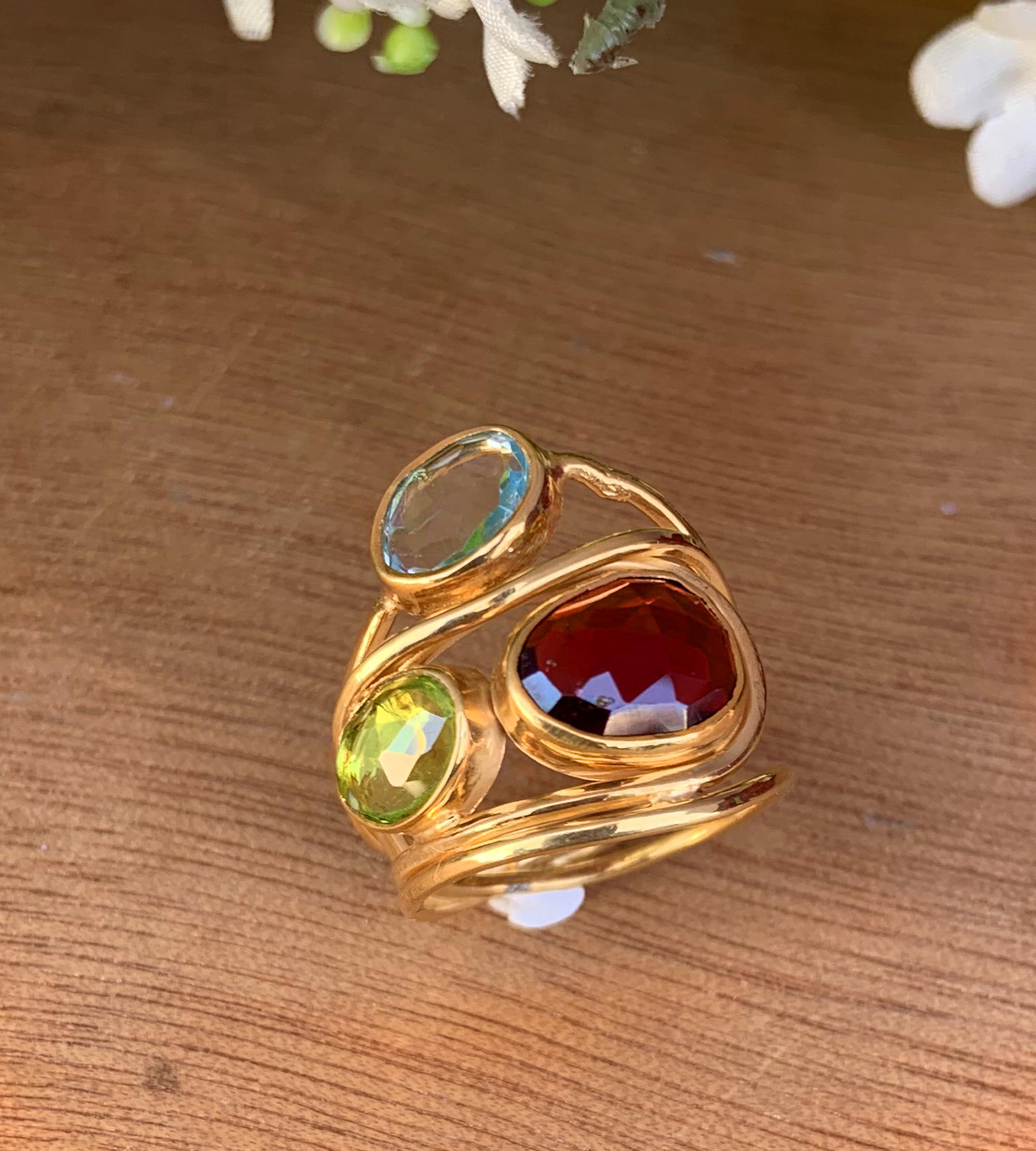 Rosecut Garnet Peridot Blue Topaz Ring | Wrapped Silver Vermeil Gold Ring - BeadsBoatInc