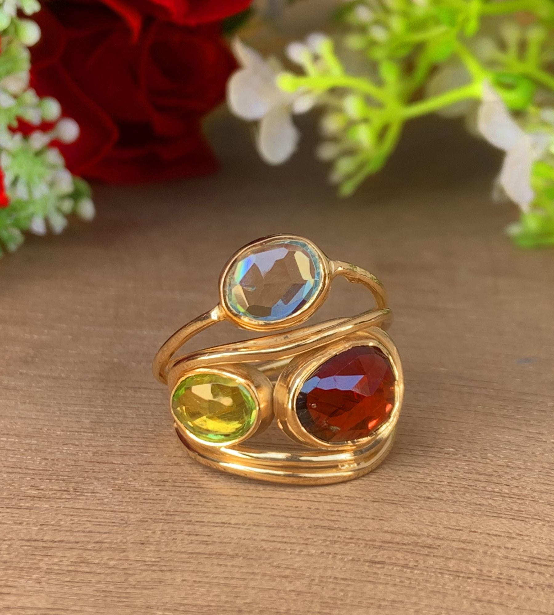 Rosecut Garnet Peridot Blue Topaz Ring | Wrapped Silver Vermeil Gold Ring - BeadsBoatInc