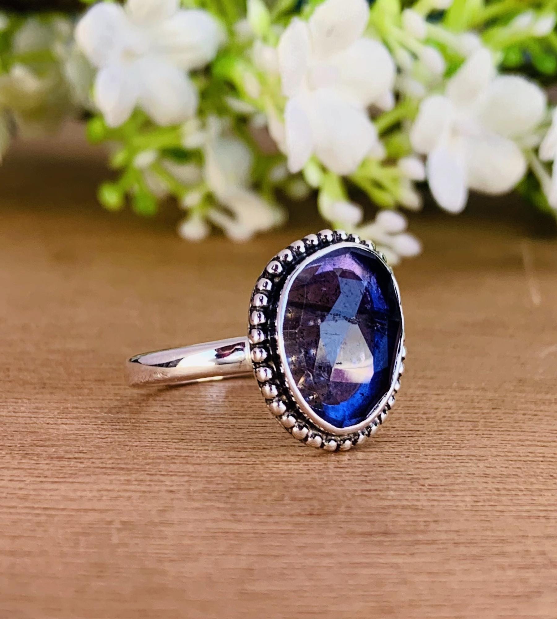 Rosecut Iolite Ring – Dainty Silver & Gold Stacking Birthstone Ring - BeadsBoatInc