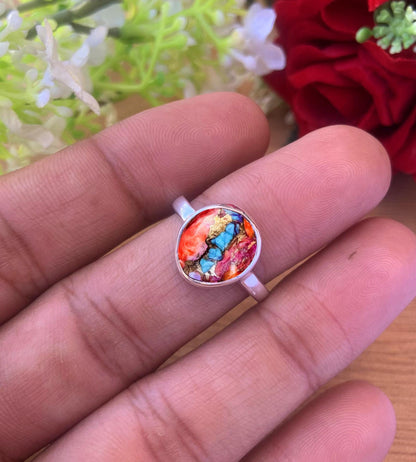Rosecut Kingman Pink Dahlia Turquoise Silver Ring - BeadsBoatInc