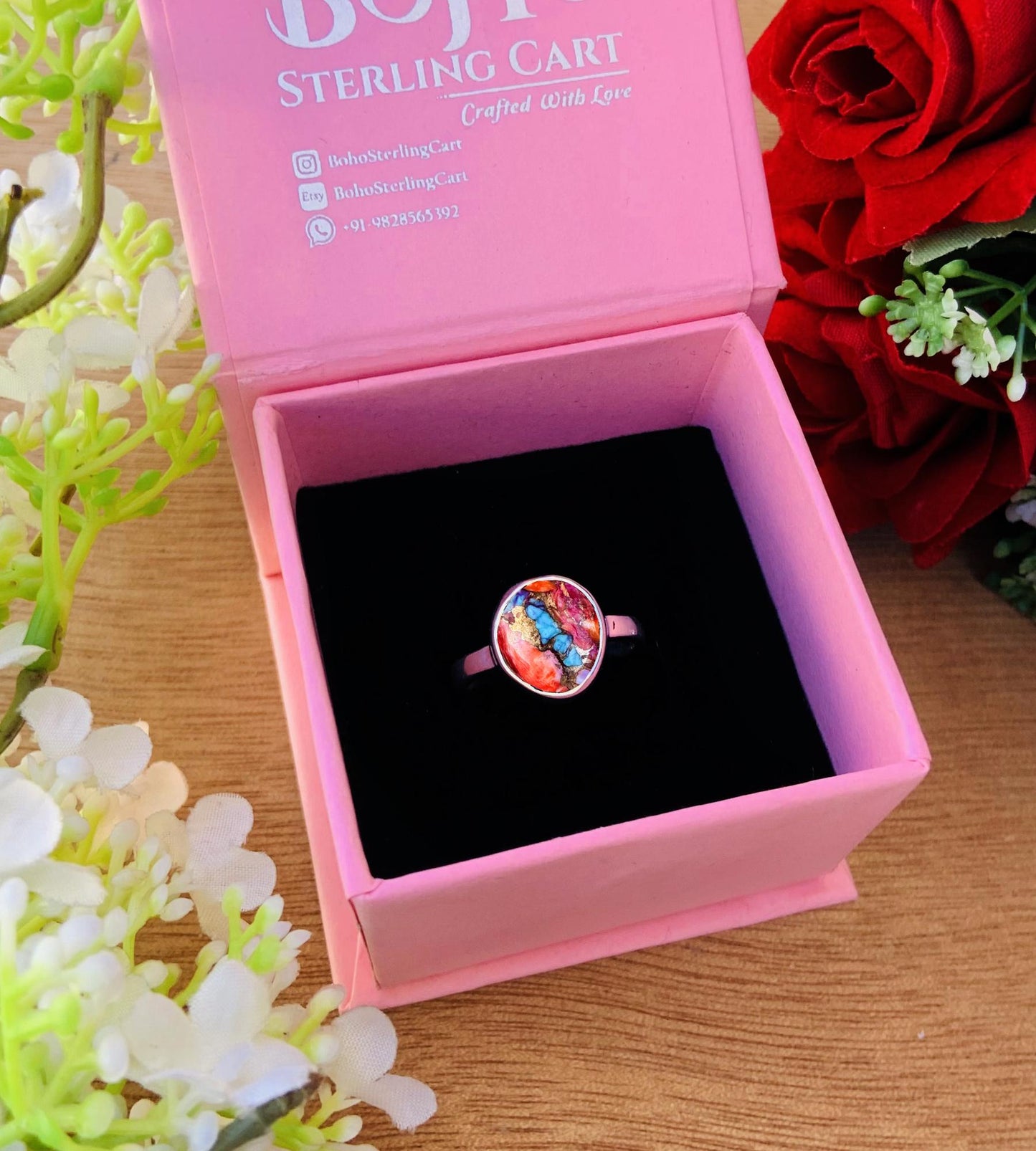 Rosecut Kingman Pink Dahlia Turquoise Silver Ring - BeadsBoatInc