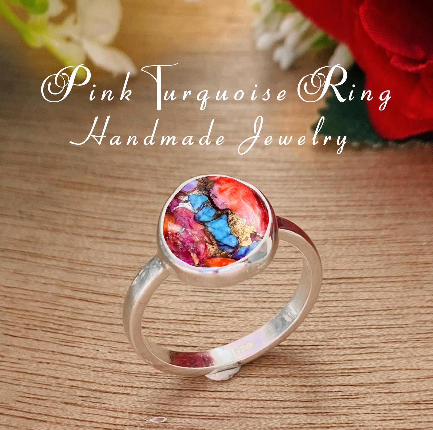Rosecut Kingman Pink Dahlia Turquoise Silver Ring - BeadsBoatInc