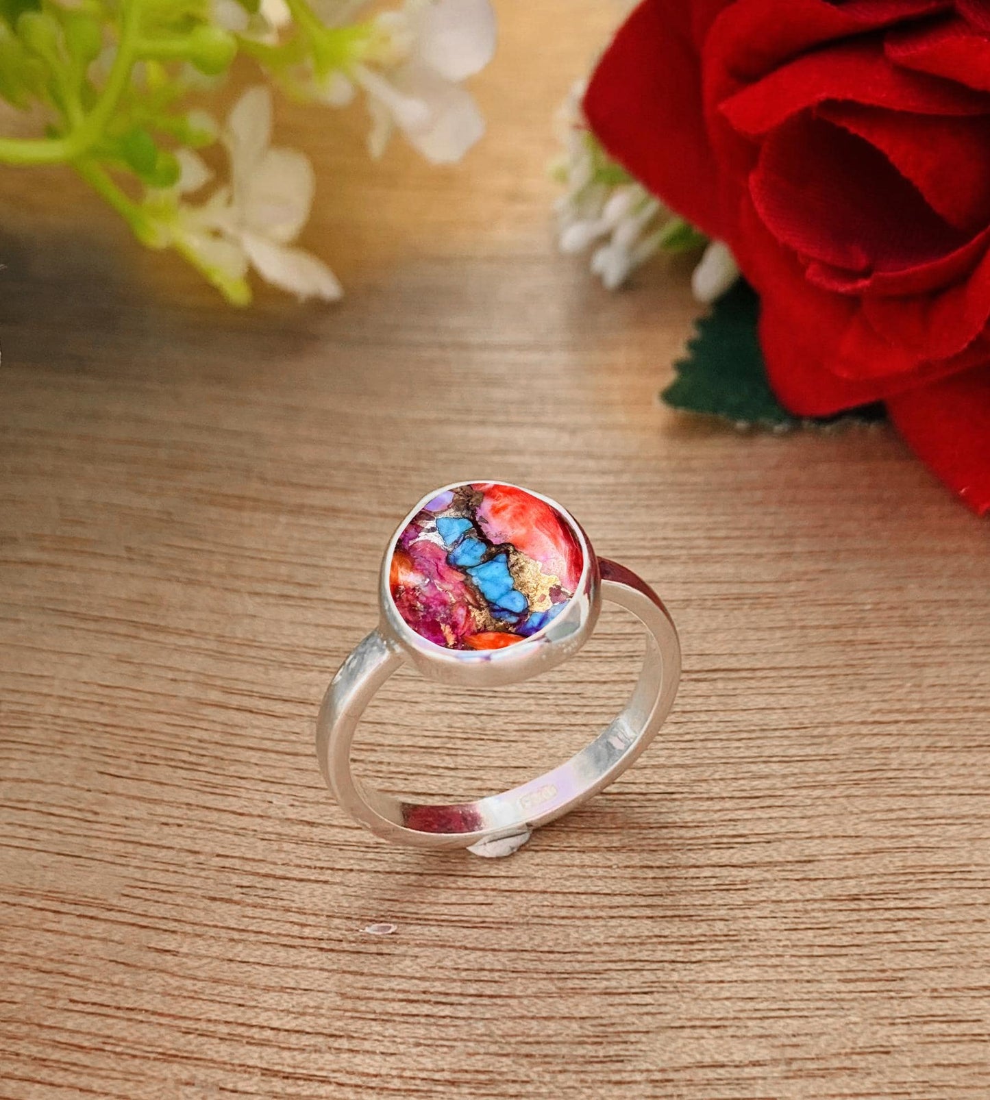 Rosecut Kingman Pink Dahlia Turquoise Silver Ring - BeadsBoatInc