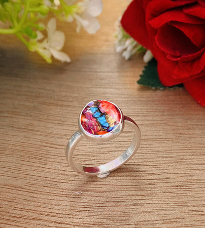 Rosecut Kingman Pink Dahlia Turquoise Silver Ring - BeadsBoatInc