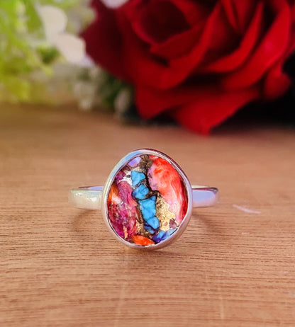 Rosecut Kingman Pink Dahlia Turquoise Silver Ring - BeadsBoatInc