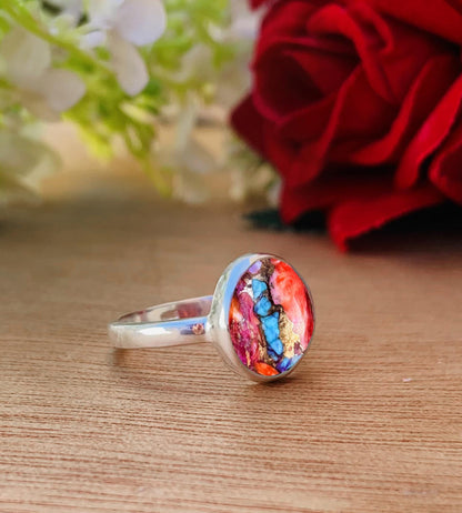 Rosecut Kingman Pink Dahlia Turquoise Silver Ring - BeadsBoatInc