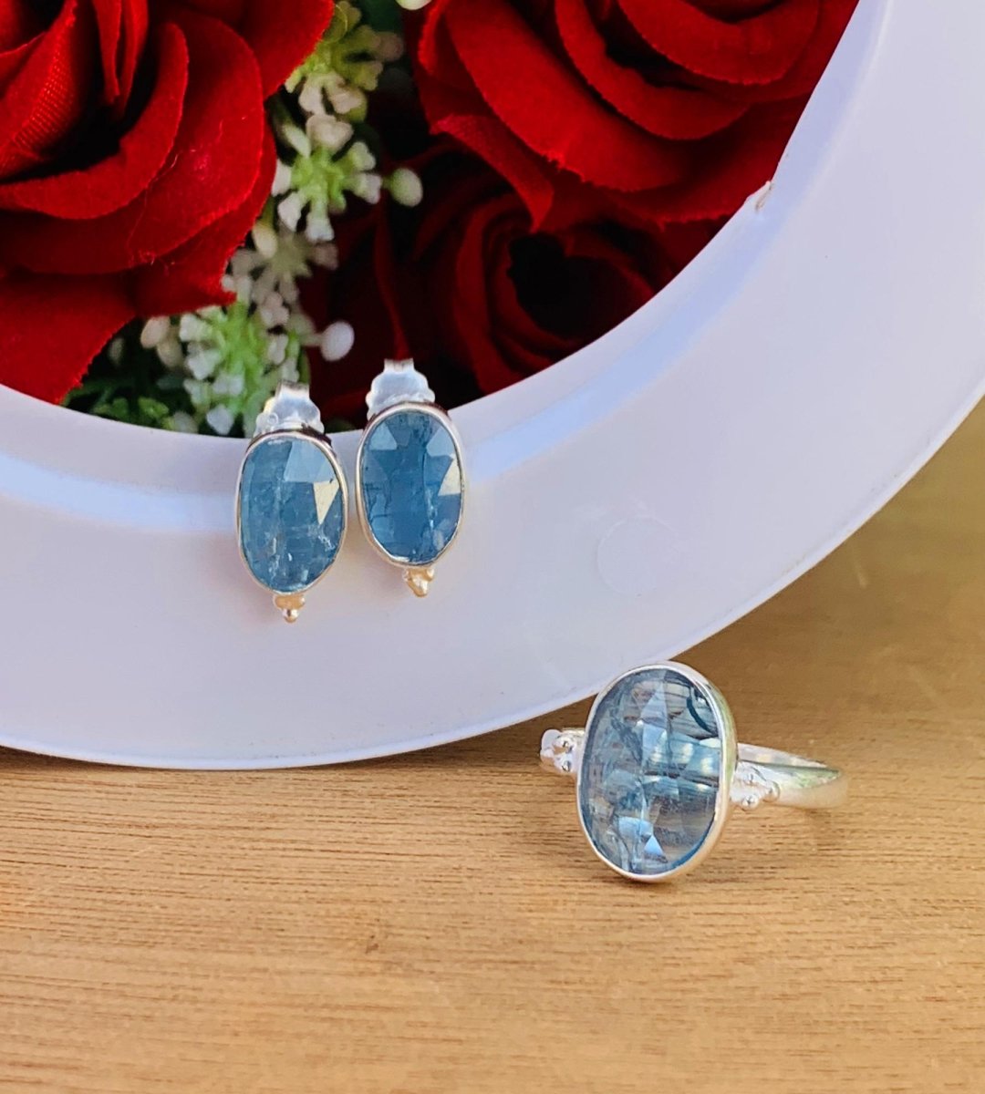 Rosecut Kyanite Stud Earrings 925 Sterling Silver Gold Plated - BeadsBoatInc