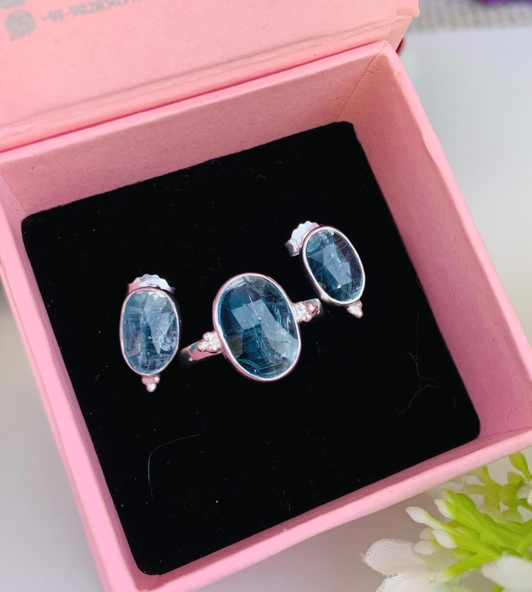 Rosecut Kyanite Stud Earrings 925 Sterling Silver Gold Plated - BeadsBoatInc