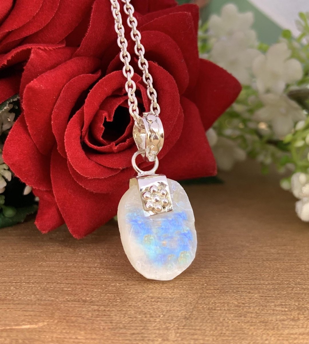 Rough Moonstone Pendant – Chunky Boho Silver Necklace - BeadsBoatInc