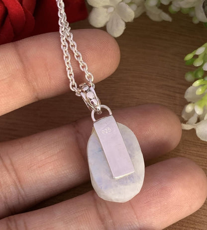 Rough Moonstone Pendant – Chunky Boho Silver Necklace - BeadsBoatInc