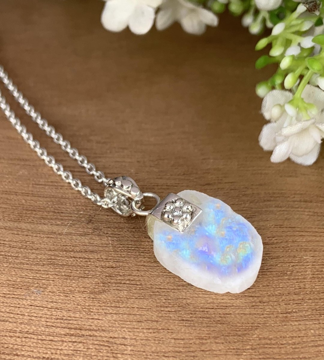 Rough Moonstone Pendant – Chunky Boho Silver Necklace - BeadsBoatInc