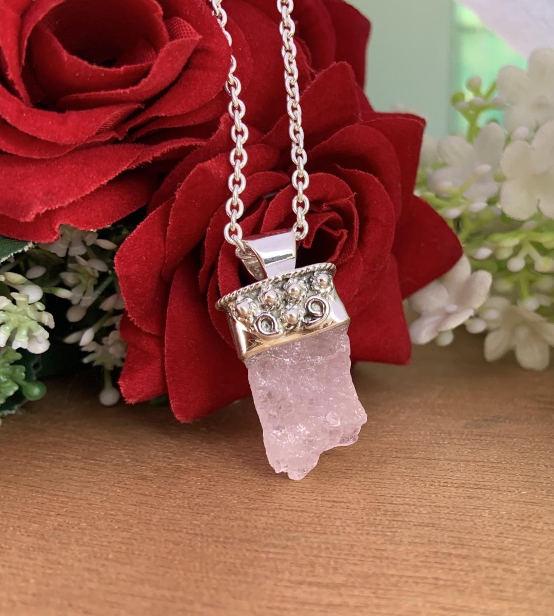 Rough Morganite Necklace – Pink Crystal Sterling Silver Pendant, Gift for Her - BeadsBoatInc