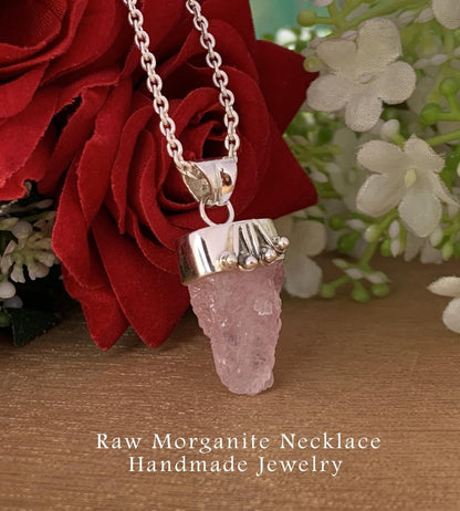 Rough Pink Morganite Necklace – Handmade Dainty Silver Jewelry - BeadsBoatInc