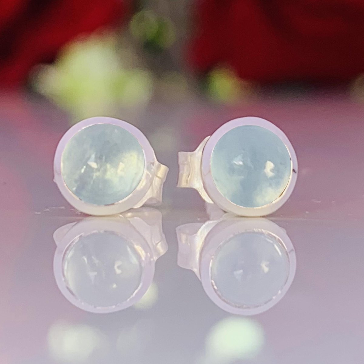 Round Aquamarine Stud Earrings in 925 Sterling Silver Dainty Women Jewelry - BeadsBoatInc