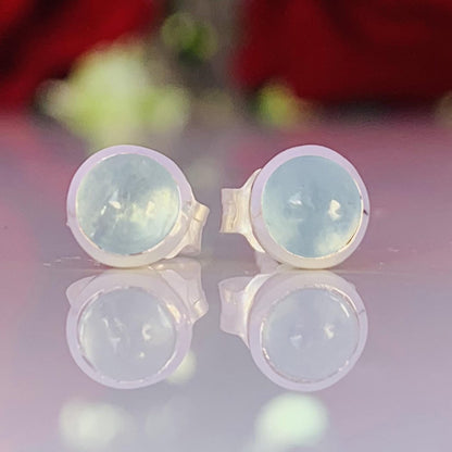 Round Aquamarine Stud Earrings in 925 Sterling Silver Dainty Women Jewelry - BeadsBoatInc