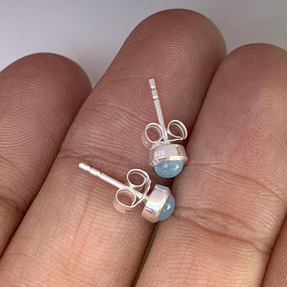 Round Aquamarine Stud Earrings in 925 Sterling Silver Dainty Women Jewelry - BeadsBoatInc