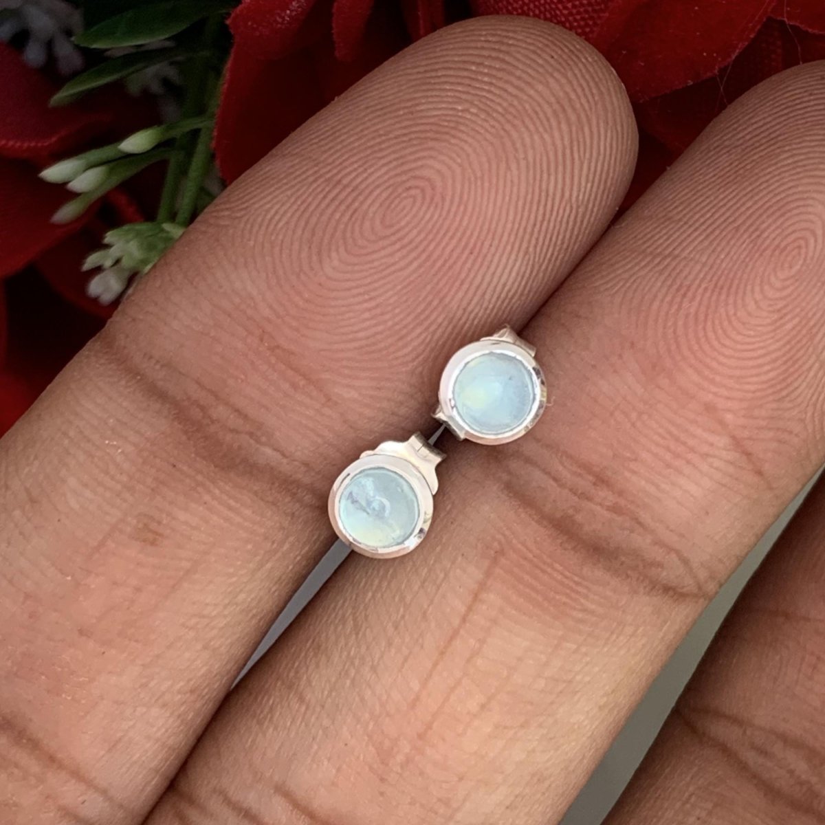 Round Aquamarine Stud Earrings in 925 Sterling Silver Dainty Women Jewelry - BeadsBoatInc