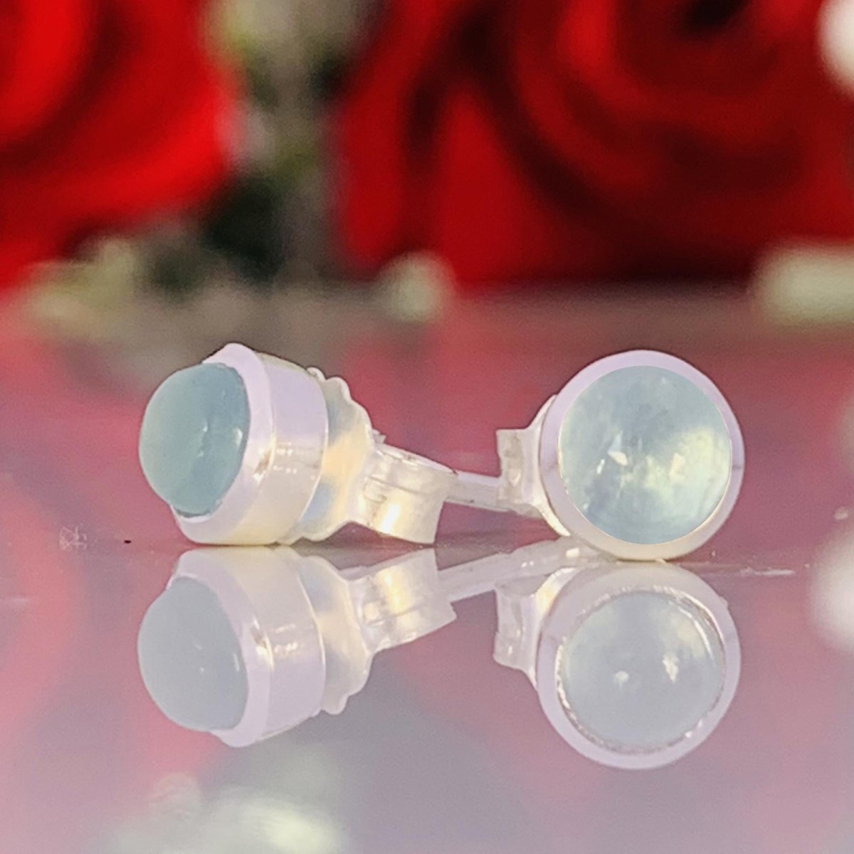 Round Aquamarine Stud Earrings in 925 Sterling Silver Dainty Women Jewelry - BeadsBoatInc