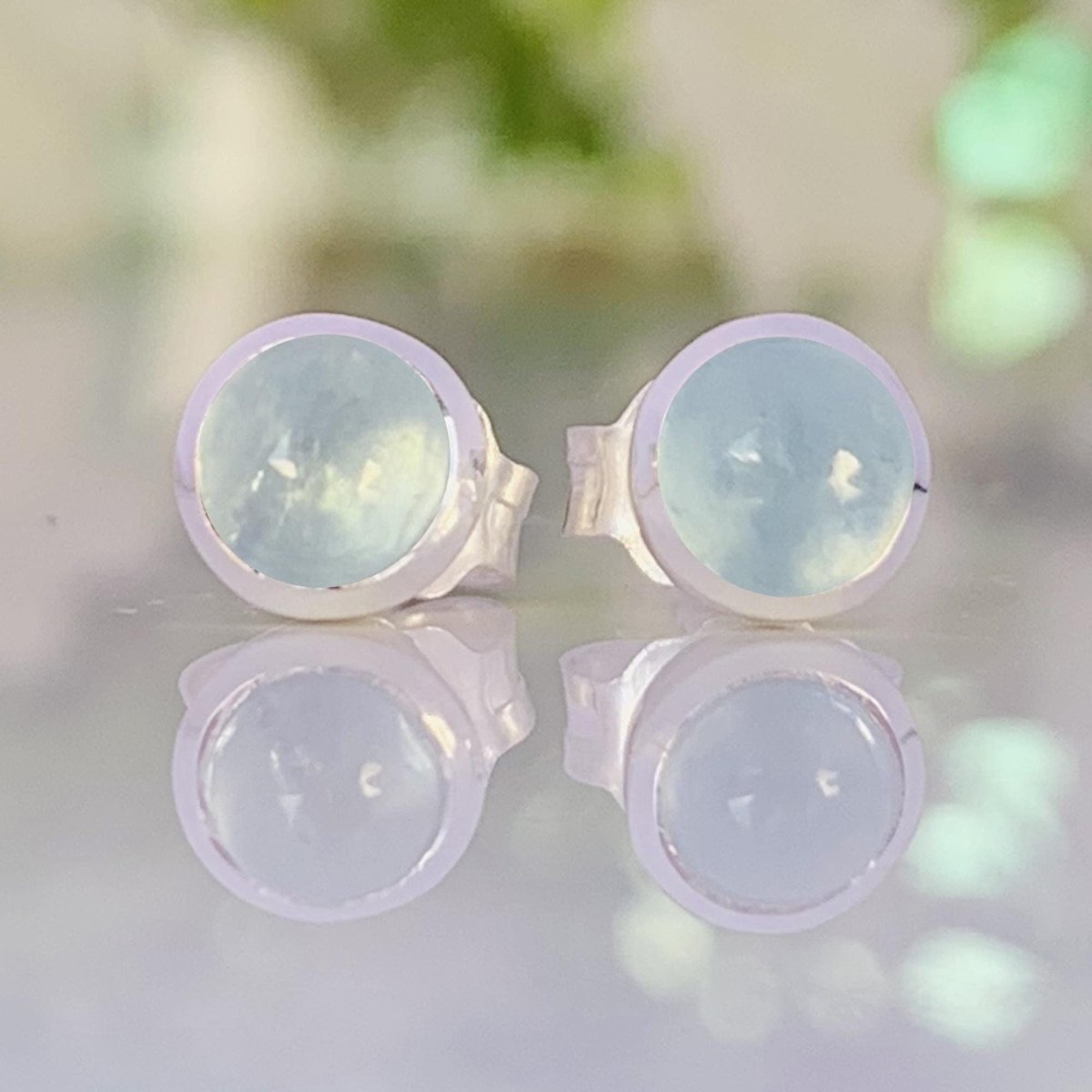 Round Aquamarine Stud Earrings in 925 Sterling Silver Dainty Women Jewelry - BeadsBoatInc