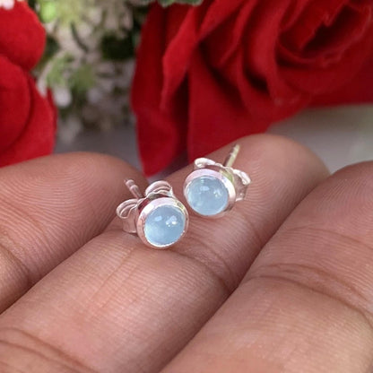 Round Aquamarine Stud Earrings in 925 Sterling Silver Dainty Women Jewelry - BeadsBoatInc