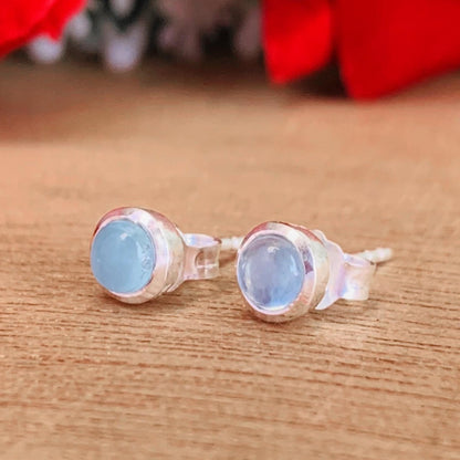 Round Aquamarine Stud Earrings in 925 Sterling Silver Dainty Women Jewelry - BeadsBoatInc