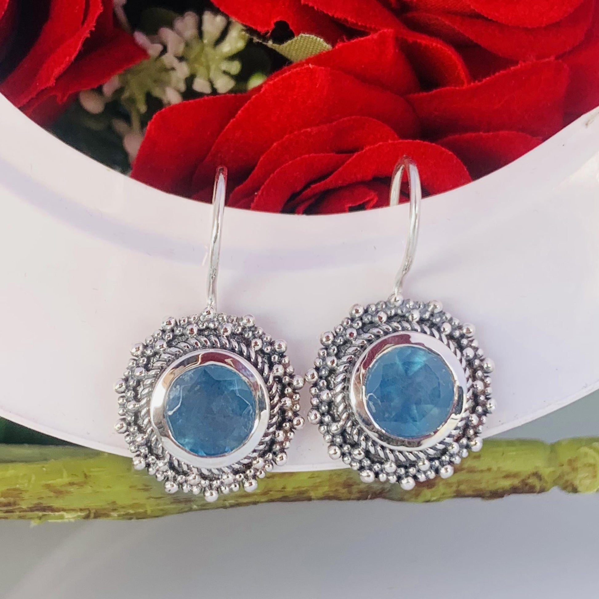 Round Blue Aquamarine Dangle Earrings - 925 Silver Statement Jewelry - BeadsBoatInc