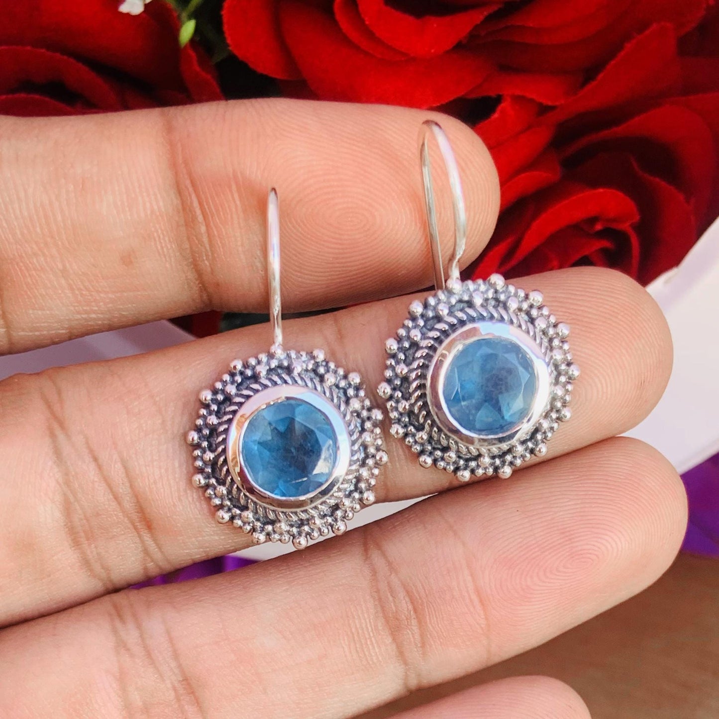 Round Blue Aquamarine Dangle Earrings - 925 Silver Statement Jewelry - BeadsBoatInc