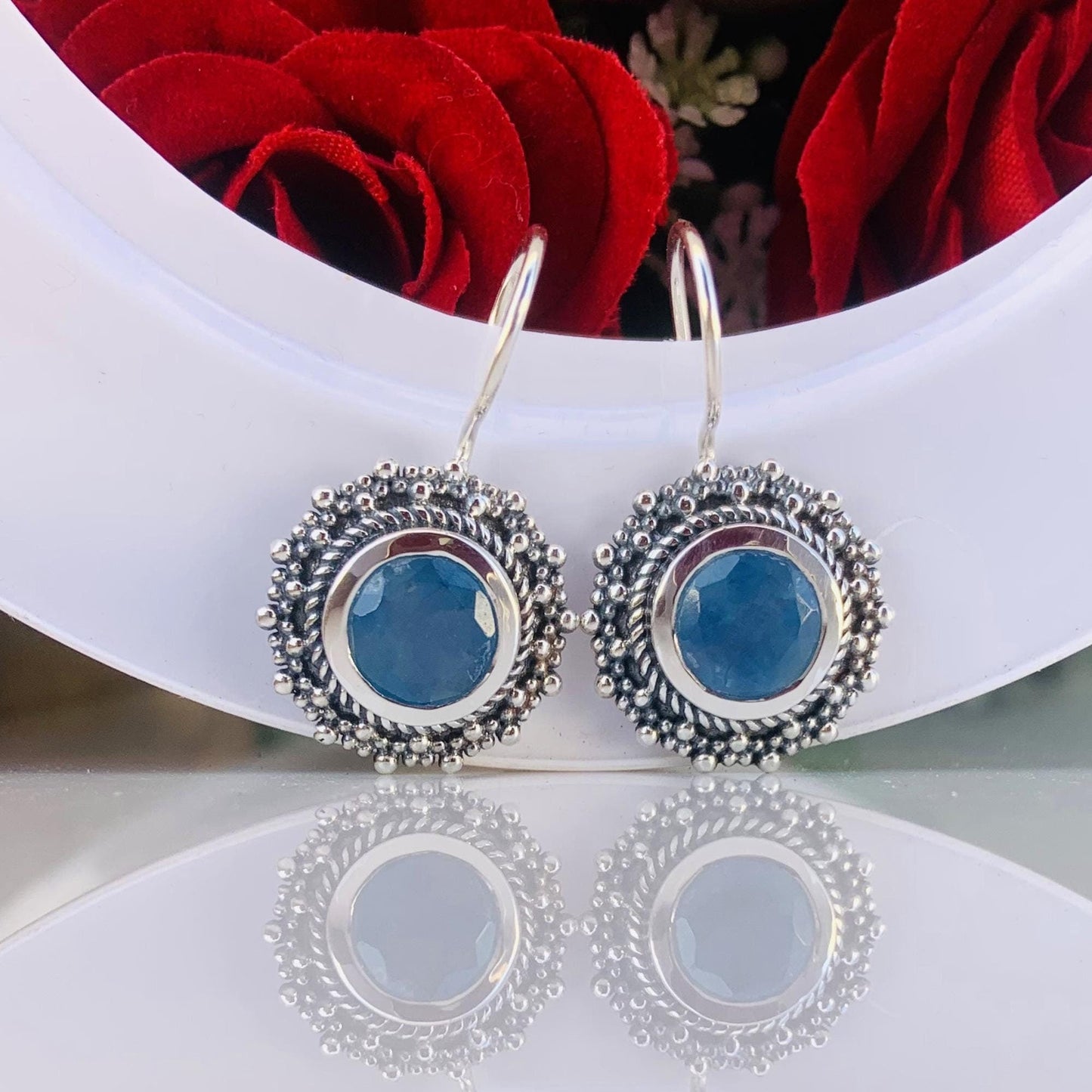 Round Blue Aquamarine Dangle Earrings - 925 Silver Statement Jewelry - BeadsBoatInc