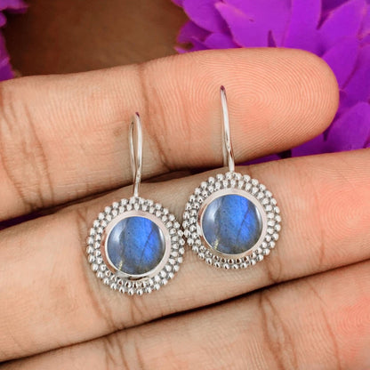 Round Blue Labradorite Dangle Drops - Sterling Silver Earrings for Women - BeadsBoatInc