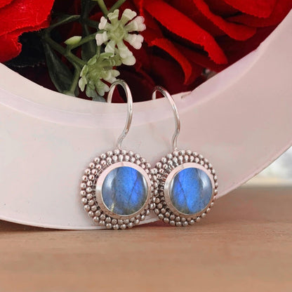 Round Blue Labradorite Dangle Drops - Sterling Silver Earrings for Women - BeadsBoatInc