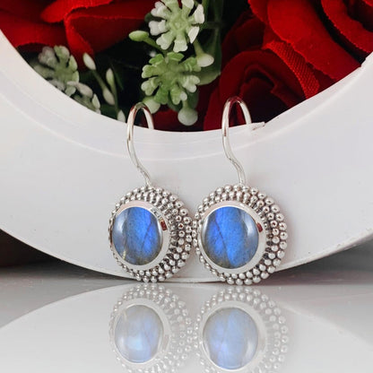 Round Blue Labradorite Dangle Drops - Sterling Silver Earrings for Women - BeadsBoatInc