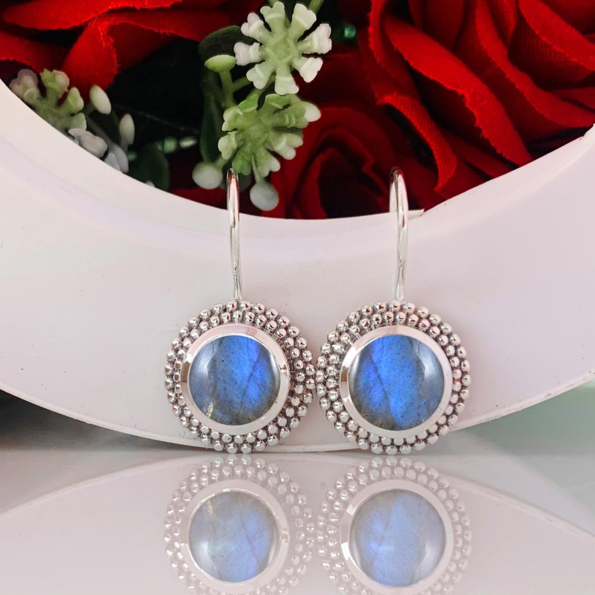 Round Blue Labradorite Dangle Drops - Sterling Silver Earrings for Women - BeadsBoatInc