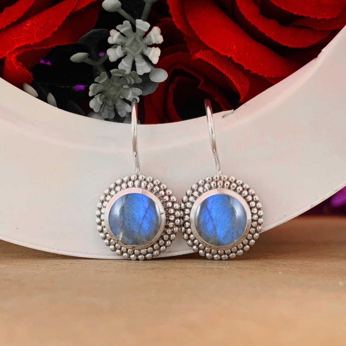 Round Blue Labradorite Dangle Drops - Sterling Silver Earrings for Women - BeadsBoatInc