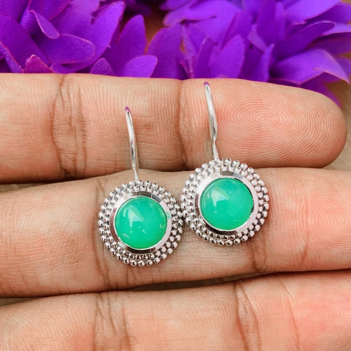 Round Chrysoprase Dangle Earrings - 925 Sterling Silver - BeadsBoatInc