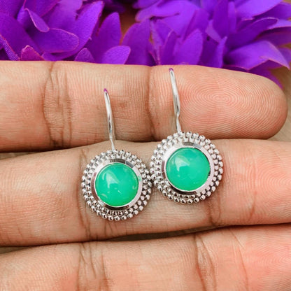 Round Chrysoprase Dangle Earrings - 925 Sterling Silver - BeadsBoatInc