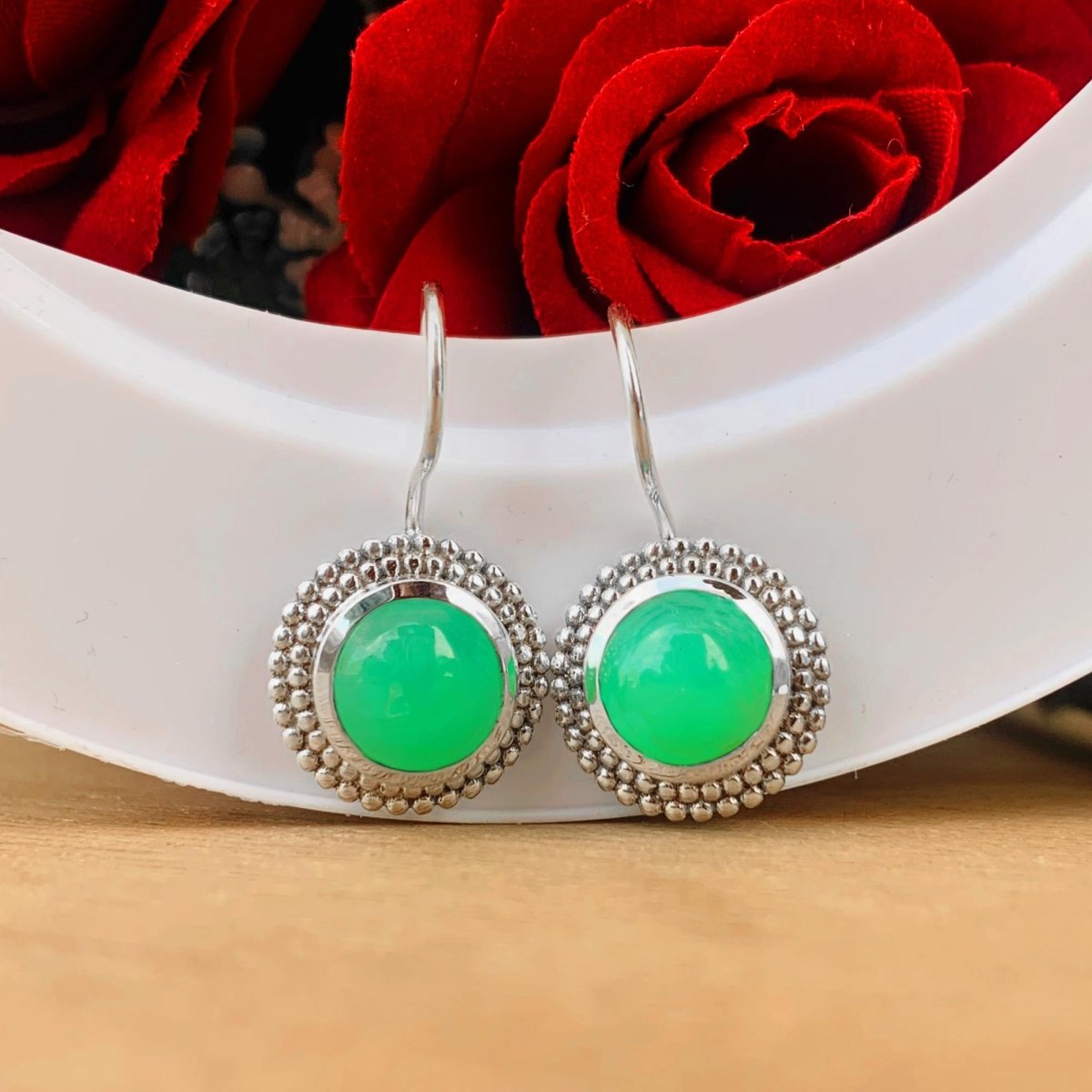 Round Chrysoprase Dangle Earrings - 925 Sterling Silver - BeadsBoatInc