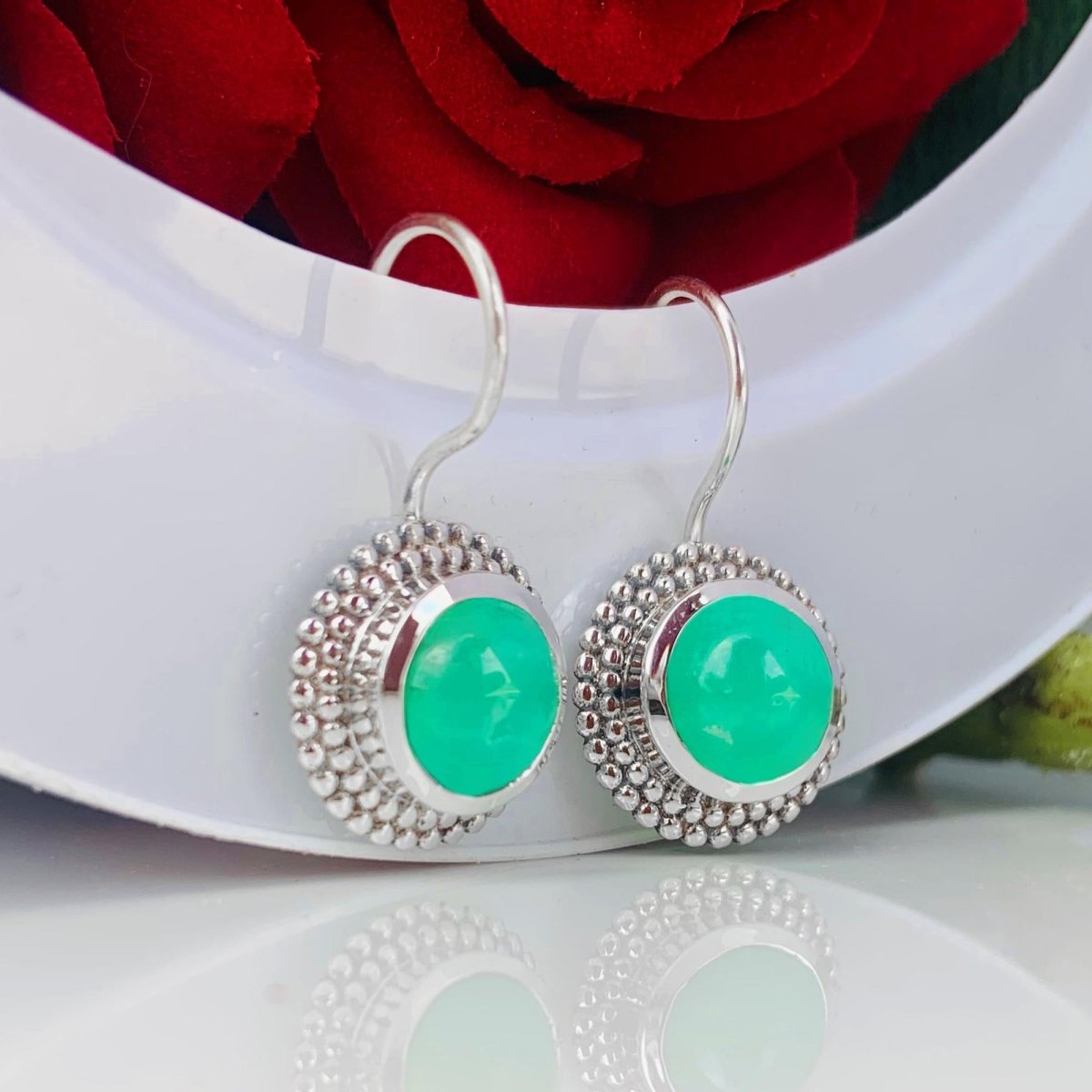 Round Chrysoprase Dangle Earrings - 925 Sterling Silver - BeadsBoatInc