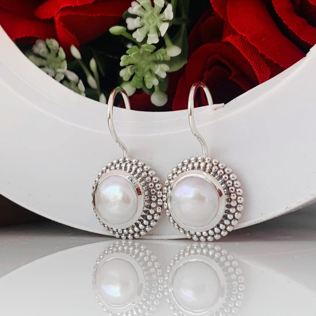 Round Freshwater Pearl Dangle Earrings - 925 Silver Jewelry Gift - BeadsBoatInc