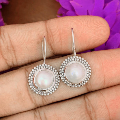 Round Freshwater Pearl Dangle Earrings - 925 Silver Jewelry Gift - BeadsBoatInc