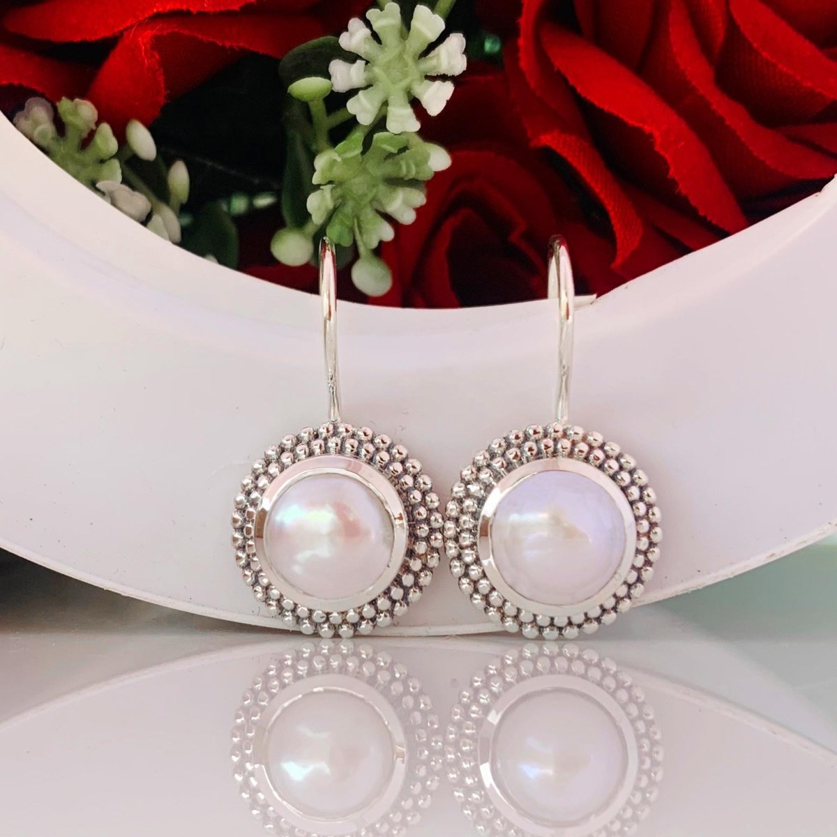 Round Freshwater Pearl Dangle Earrings - 925 Silver Jewelry Gift - BeadsBoatInc