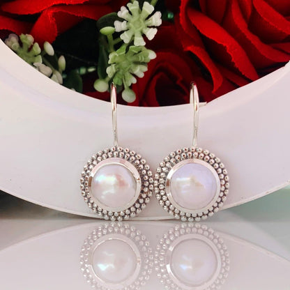 Round Freshwater Pearl Dangle Earrings - 925 Silver Jewelry Gift - BeadsBoatInc