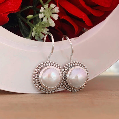 Round Freshwater Pearl Dangle Earrings - 925 Silver Jewelry Gift - BeadsBoatInc
