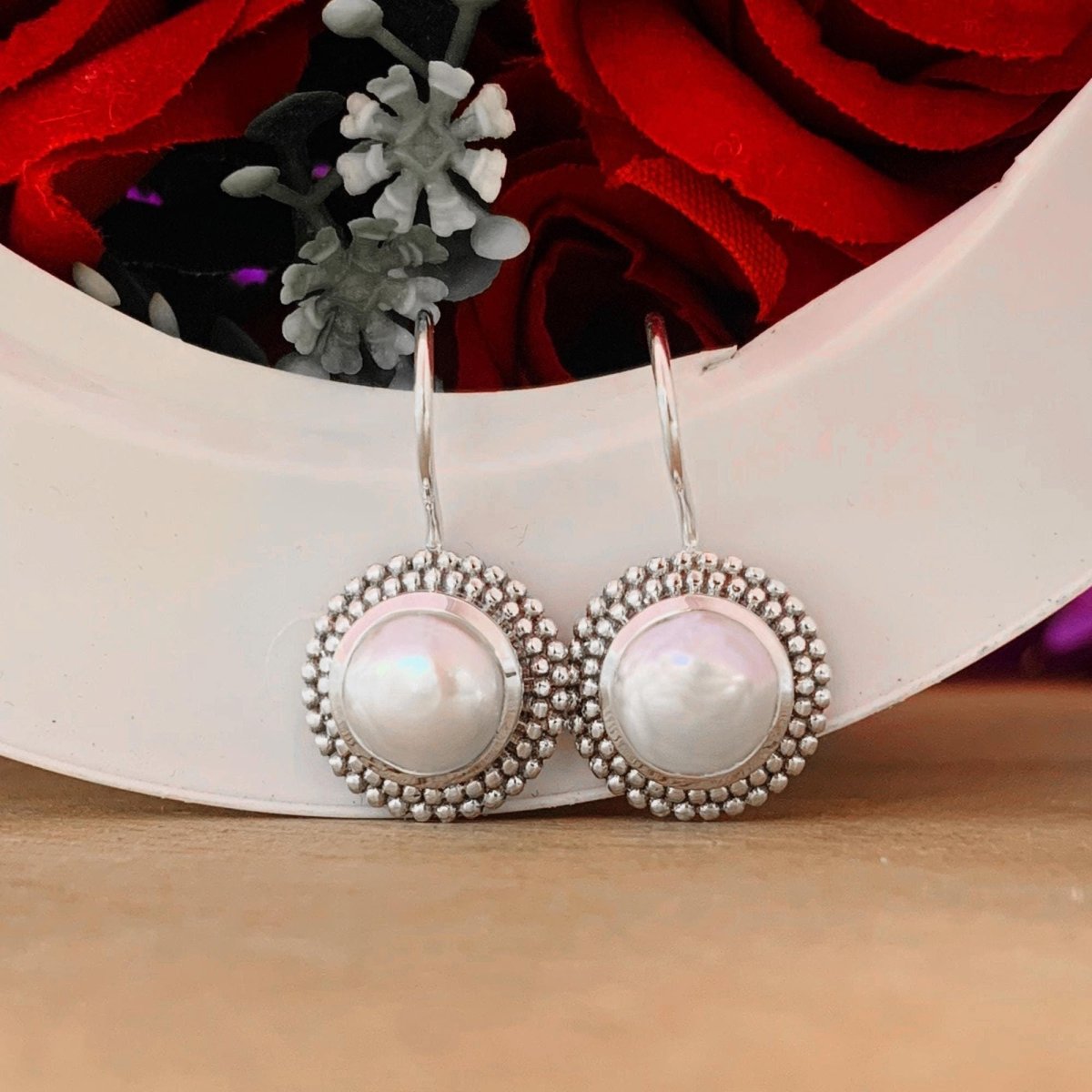 Round Freshwater Pearl Dangle Earrings - 925 Silver Jewelry Gift - BeadsBoatInc