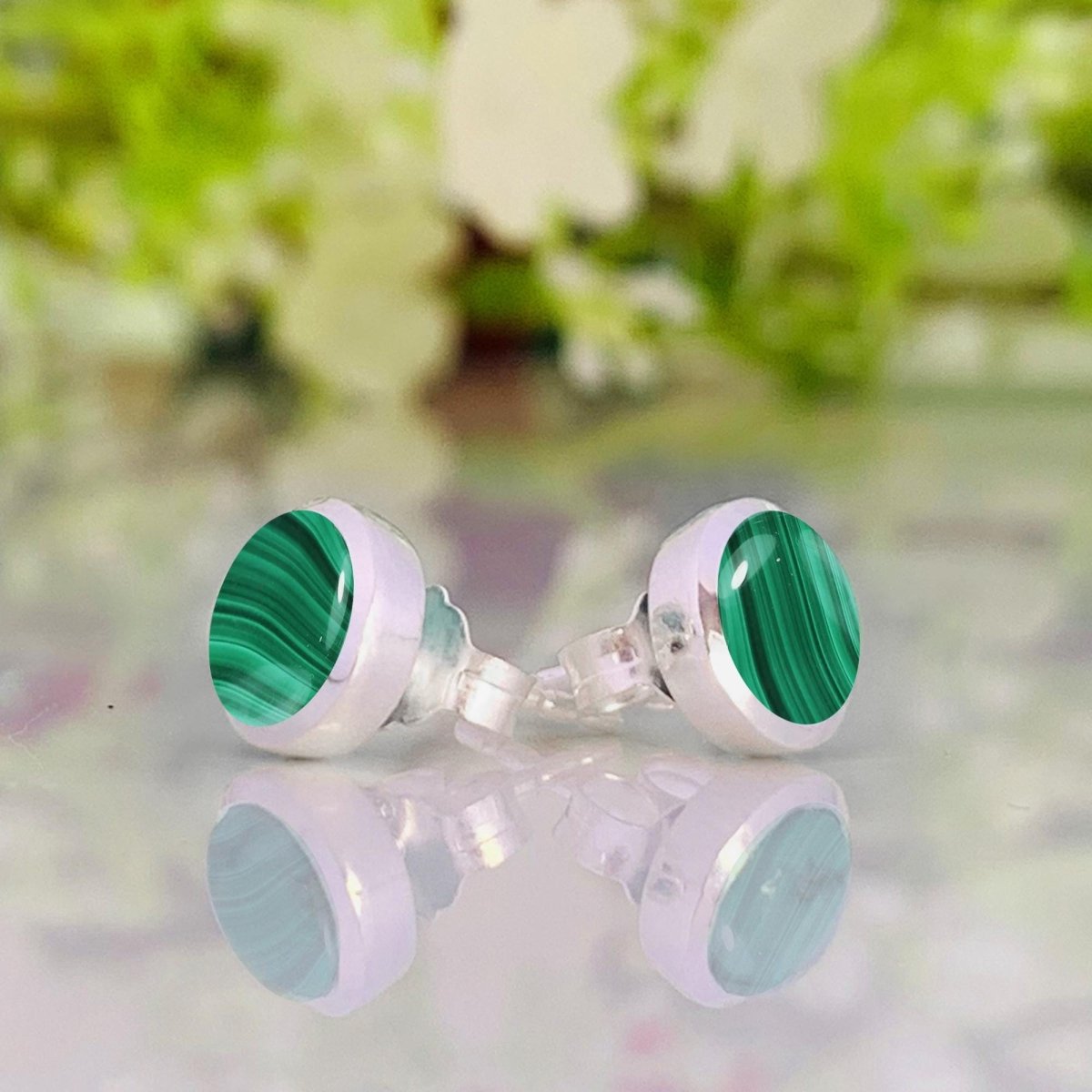 Round Malachite Stud Earrings - 925 Sterling Silver - Natural Gemstone Jewelry - BeadsBoatInc