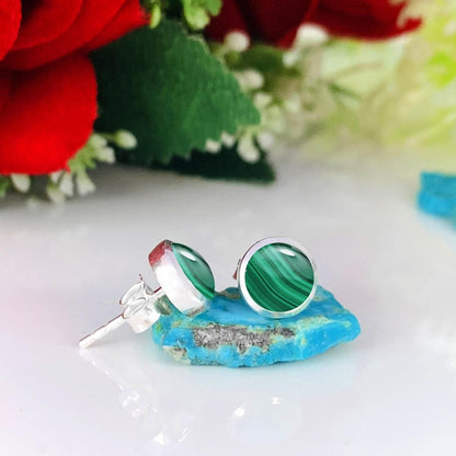 Round Malachite Stud Earrings - 925 Sterling Silver - Natural Gemstone Jewelry - BeadsBoatInc