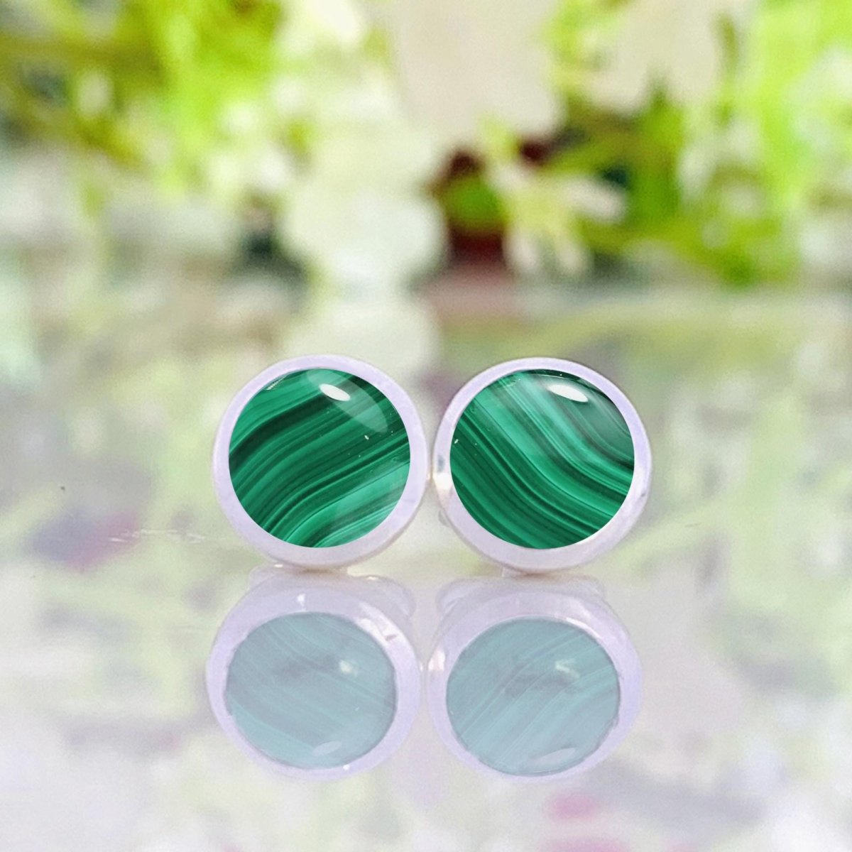 Round Malachite Stud Earrings - 925 Sterling Silver - Natural Gemstone Jewelry - BeadsBoatInc