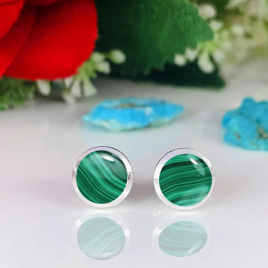 Round Malachite Stud Earrings - 925 Sterling Silver - Natural Gemstone Jewelry - BeadsBoatInc